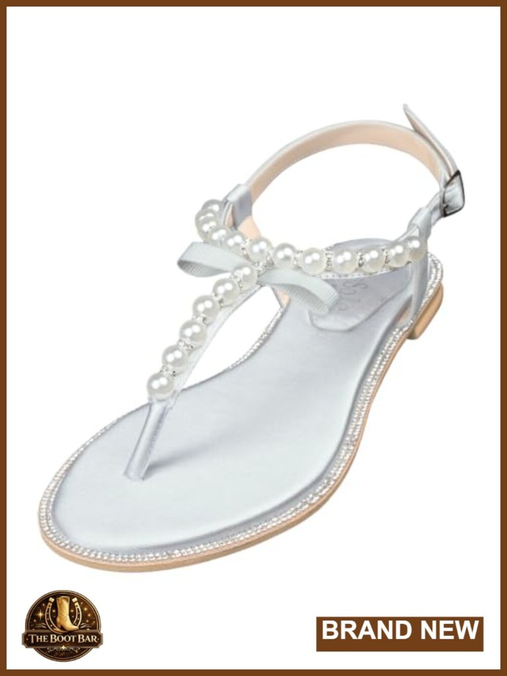 Flat Sandals with Pearl T-Strap PU Leather Slip-Resistant Bridal